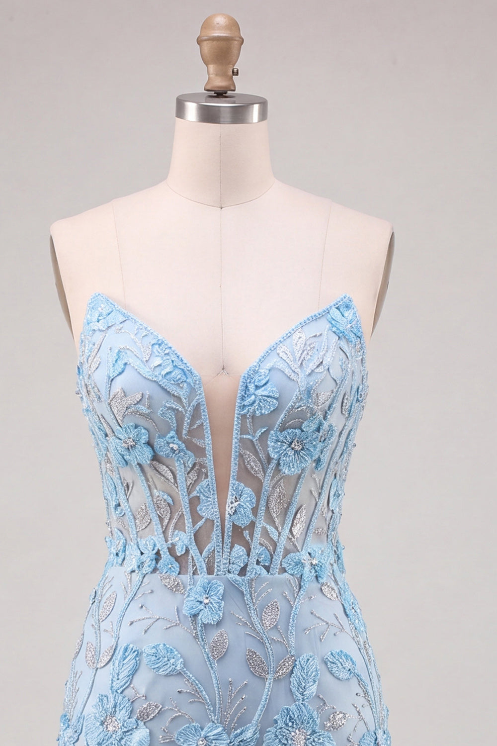 Floral Sky Blue Lace Tight Short Corset Homecoming Dress with Slit