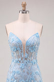Floral Sky Blue Lace Tight Short Corset Homecoming Dress with Slit