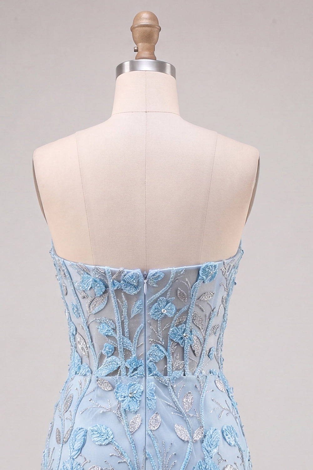 Floral Sky Blue Lace Tight Short Corset Homecoming Dress with Slit