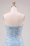 Floral Sky Blue Lace Tight Short Corset Homecoming Dress with Slit