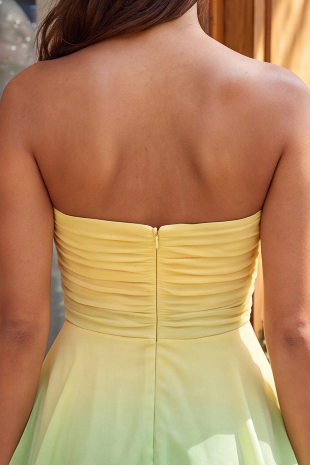 Yellow and Pink Strapless Ruffled Chiffon Short Homecoming Dress