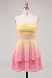 Yellow and Pink Strapless Ruffled Chiffon Short Homecoming Dress