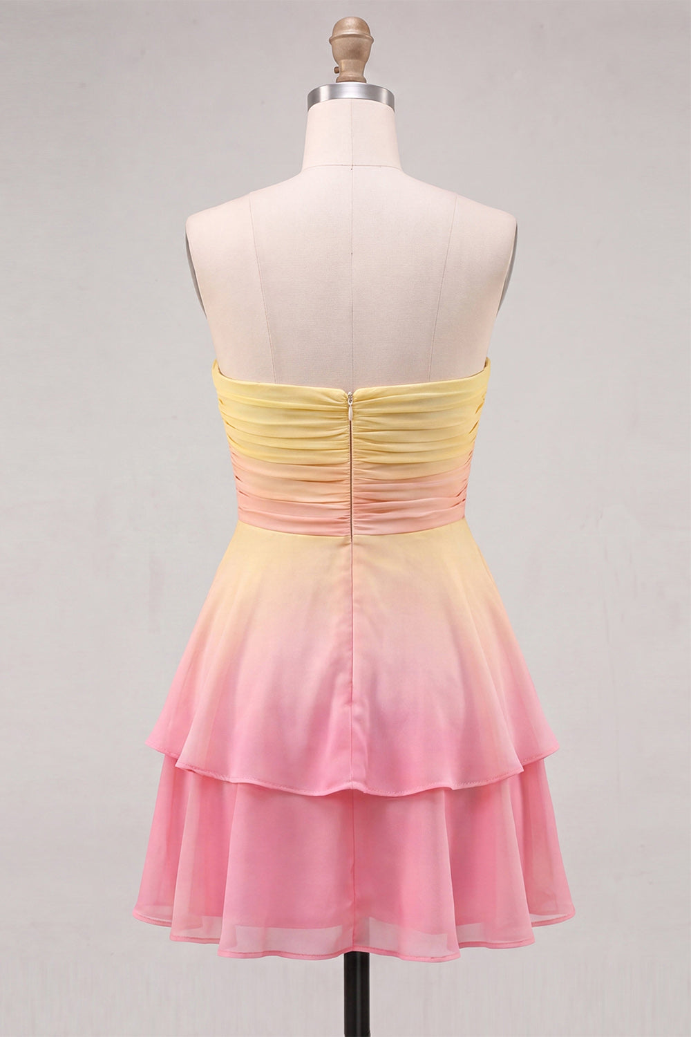 Yellow and Pink Strapless Ruffled Chiffon Short Homecoming Dress