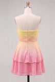 Yellow and Pink Strapless Ruffled Chiffon Short Homecoming Dress
