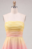 Yellow and Pink Strapless Ruffled Chiffon Short Homecoming Dress