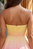 Yellow and Pink Strapless Ruffled Chiffon Short Homecoming Dress