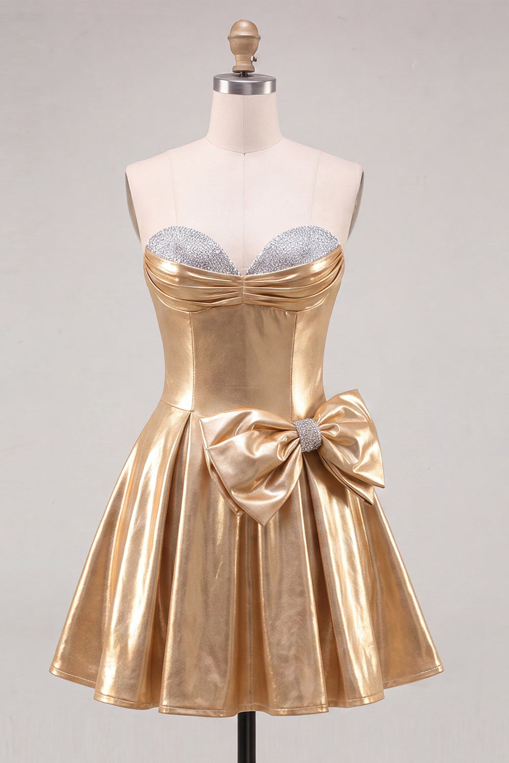Sparkly Metallic Gold A Line Short Beaded Homecoming Dress with Bow