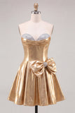Sparkly Metallic Gold A Line Short Beaded Homecoming Dress with Bow