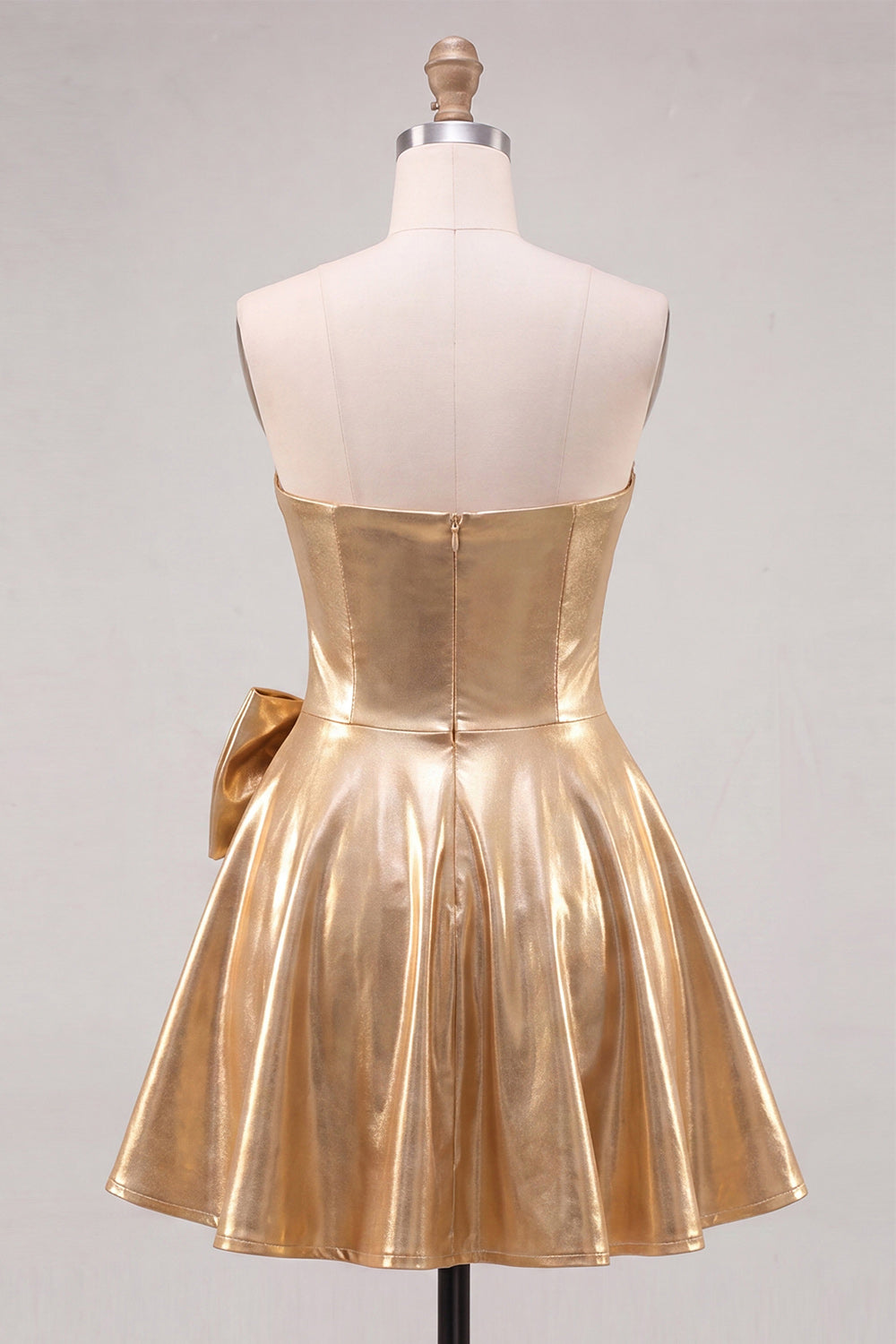 Sparkly Metallic Gold A Line Short Beaded Homecoming Dress with Bow