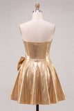 Sparkly Metallic Gold A Line Short Beaded Homecoming Dress with Bow