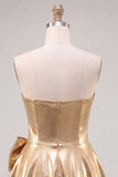 Sparkly Metallic Gold A Line Short Beaded Homecoming Dress with Bow