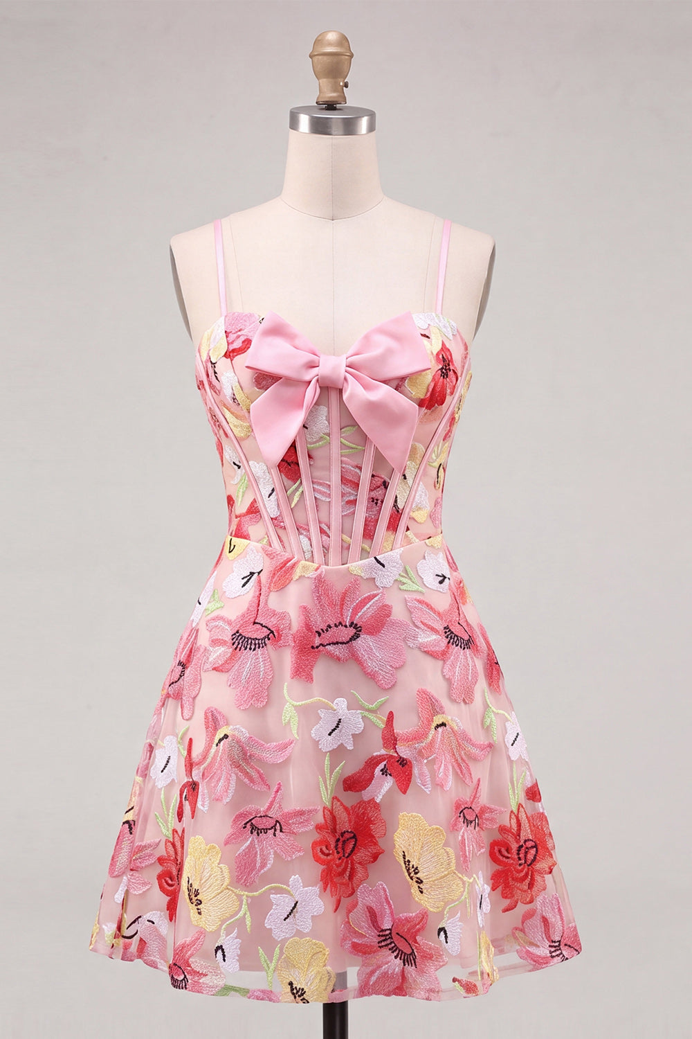 Floral Pink Corset A Line Short Homecoming Dress with Bow