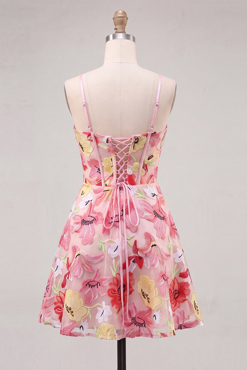 Floral Pink Corset A Line Short Homecoming Dress with Bow