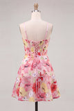 Floral Pink Corset A Line Short Homecoming Dress with Bow