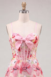 Floral Pink Corset A Line Short Homecoming Dress with Bow