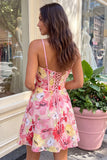Floral Pink Corset A Line Short Homecoming Dress with Bow