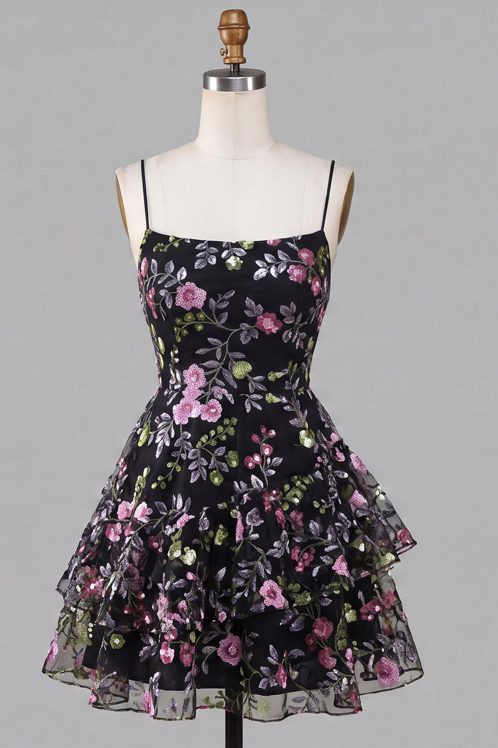 Black Floral A Line Ruffled Tiered Short Homecoming Dress