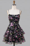 Black Floral A Line Ruffled Tiered Short Homecoming Dress