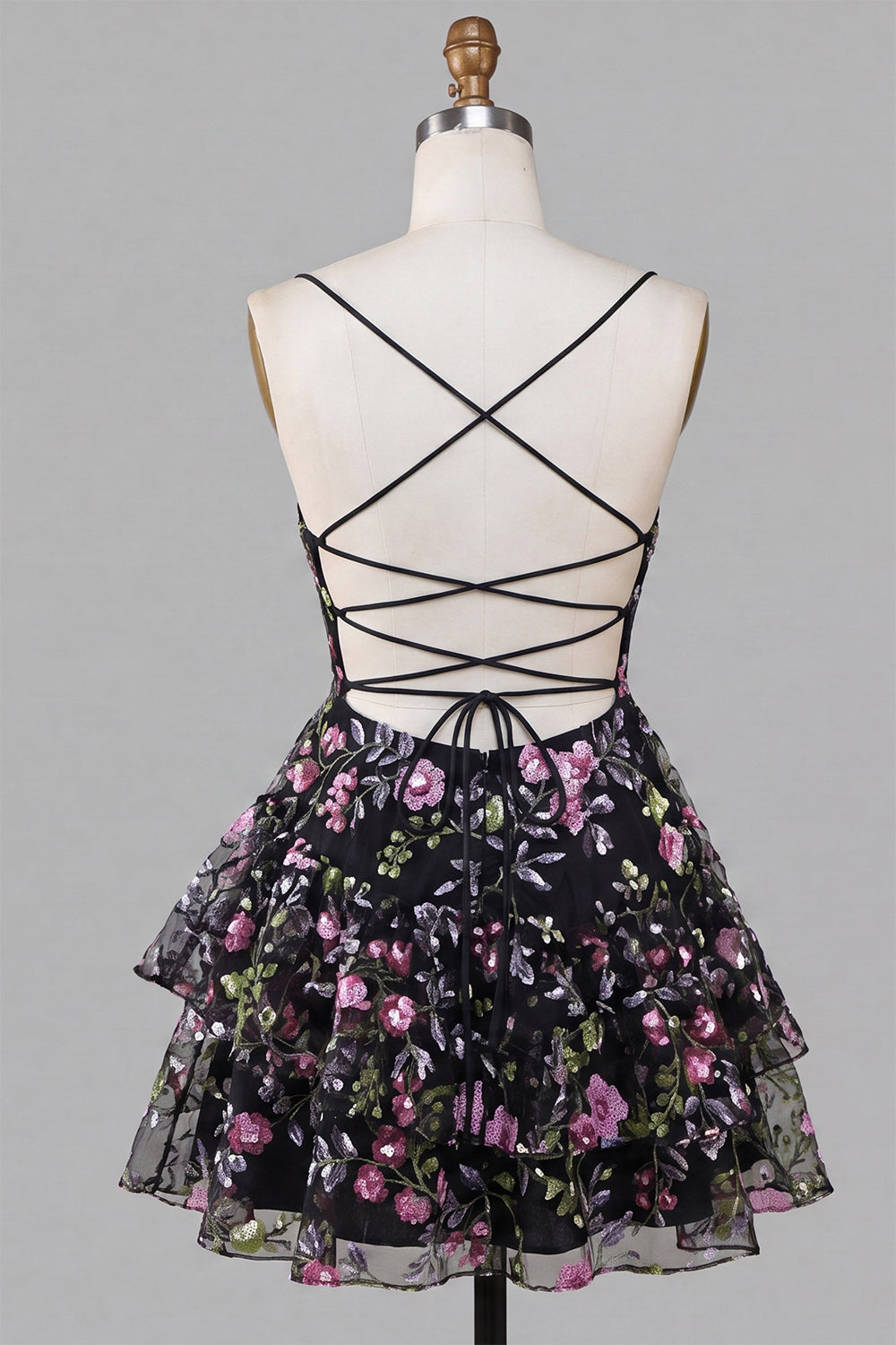 Black Floral A Line Ruffled Tiered Short Homecoming Dress