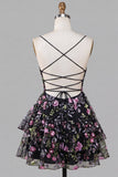 Black Floral A Line Ruffled Tiered Short Homecoming Dress