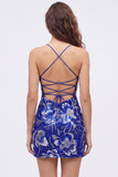 Royal Blue Sparkly Floral Beaded Tight Short Homecoming Dress