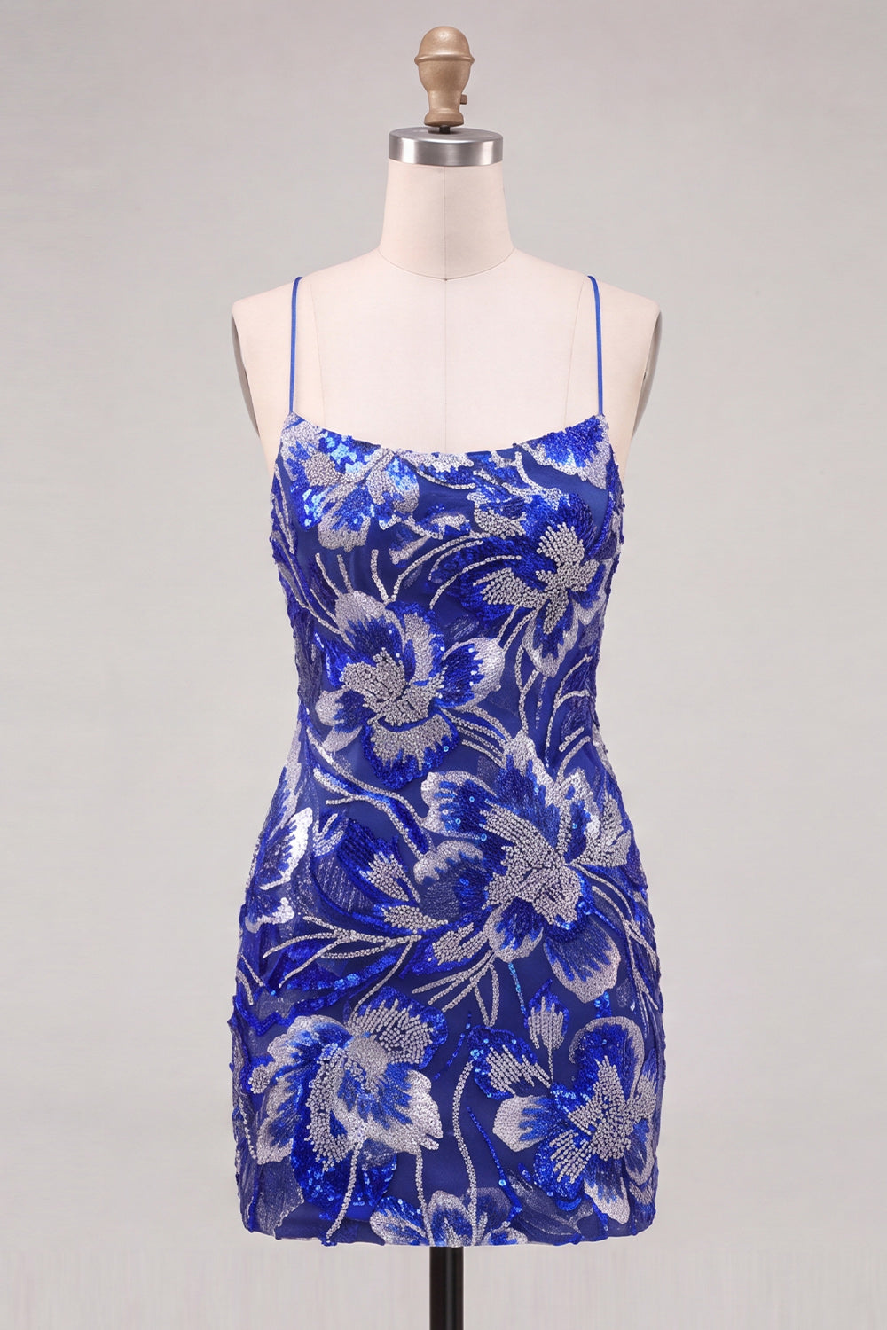Royal Blue Sparkly Floral Beaded Tight Short Homecoming Dress
