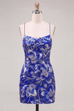 Royal Blue Sparkly Floral Beaded Tight Short Homecoming Dress