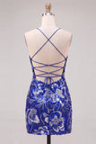 Royal Blue Sparkly Floral Beaded Tight Short Homecoming Dress