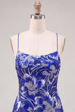 Royal Blue Sparkly Floral Beaded Tight Short Homecoming Dress
