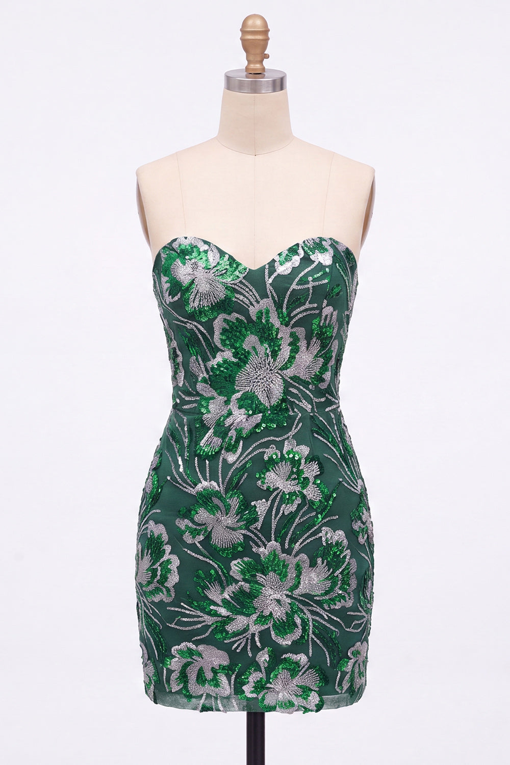 Dark Green Floral Sweetheart Tight Sequin Sparkly Short Homecoming Dress