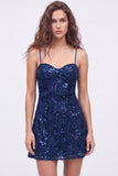 Navy Sparkly Floral Sequin A Line Short Homecoming Dress