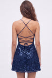 Navy Sparkly Floral Sequin A Line Short Homecoming Dress