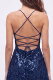 Navy Sparkly Floral Sequin A Line Short Homecoming Dress