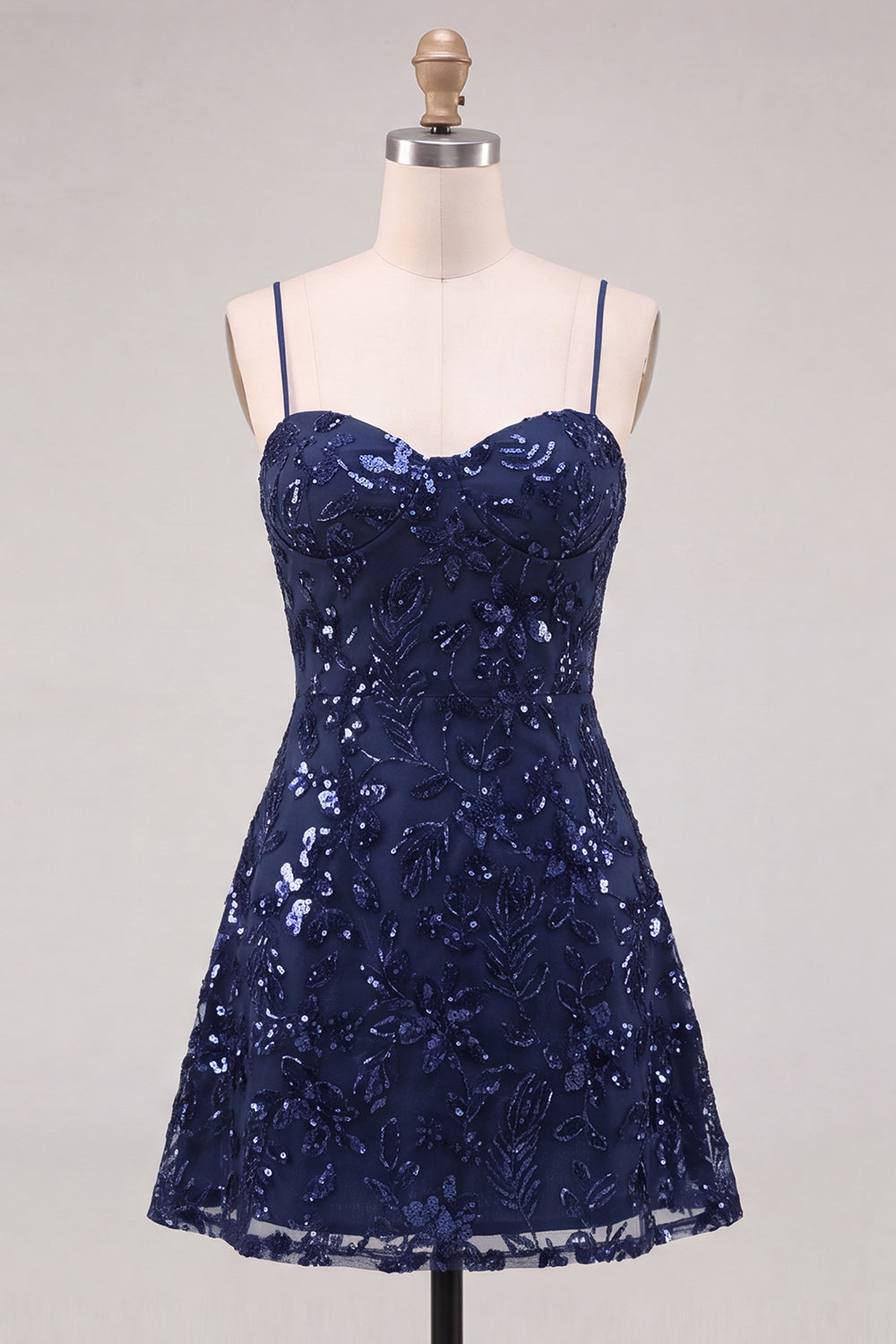 Navy Sparkly Floral Sequin A Line Short Homecoming Dress