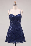 Navy Sparkly Floral Sequin A Line Short Homecoming Dress