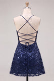 Navy Sparkly Floral Sequin A Line Short Homecoming Dress
