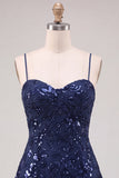 Navy Sparkly Floral Sequin A Line Short Homecoming Dress