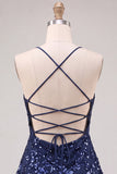 Navy Sparkly Floral Sequin A Line Short Homecoming Dress