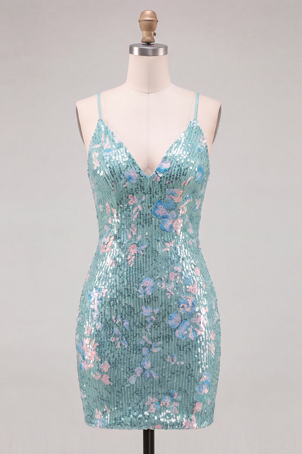 Floral Mint Green Tight Sparkly Tight Short Sequin Homecoming Dress