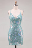 Floral Mint Green Tight Sparkly Tight Short Sequin Homecoming Dress