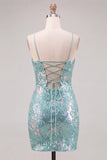 Floral Mint Green Tight Sparkly Tight Short Sequin Homecoming Dress