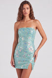 Red Tight Sequin Sparkly Strapless Short Homecoming Dress with Slit