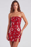 Red Tight Sequin Sparkly Strapless Short Homecoming Dress with Slit