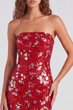 Red Tight Sequin Sparkly Strapless Short Homecoming Dress with Slit