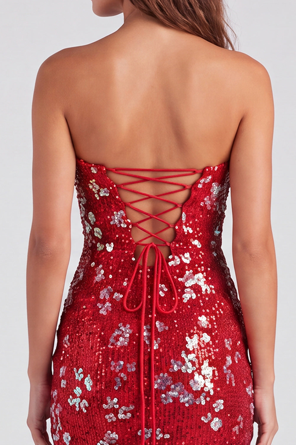 Red Tight Sequin Sparkly Strapless Short Homecoming Dress with Slit