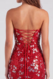Red Tight Sequin Sparkly Strapless Short Homecoming Dress with Slit