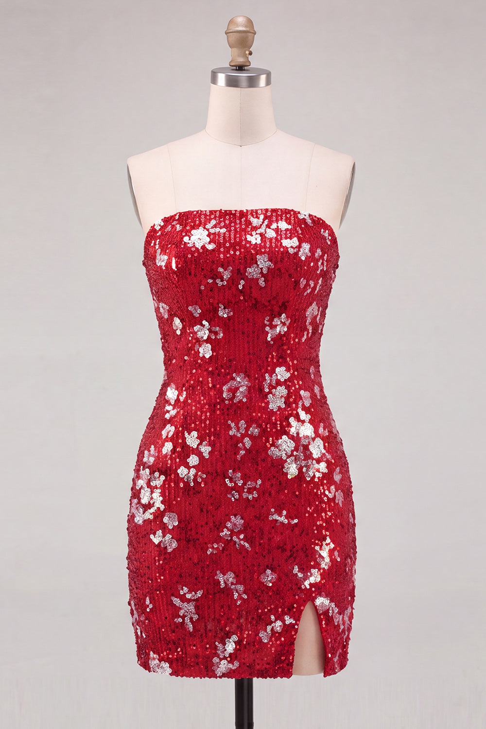 Red Tight Sequin Sparkly Strapless Short Homecoming Dress with Slit
