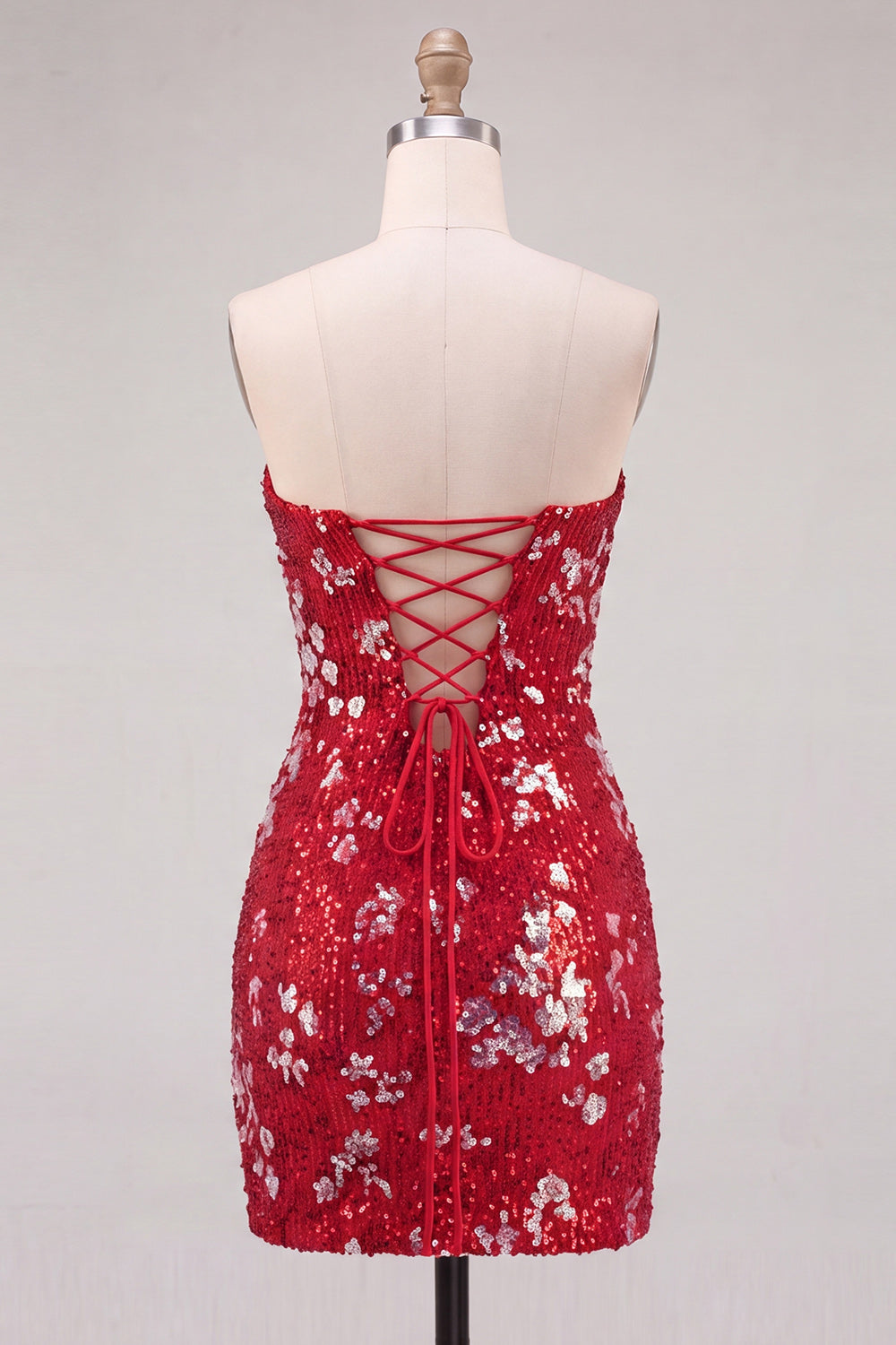 Red Tight Sequin Sparkly Strapless Short Homecoming Dress with Slit