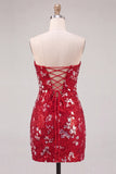 Red Tight Sequin Sparkly Strapless Short Homecoming Dress with Slit