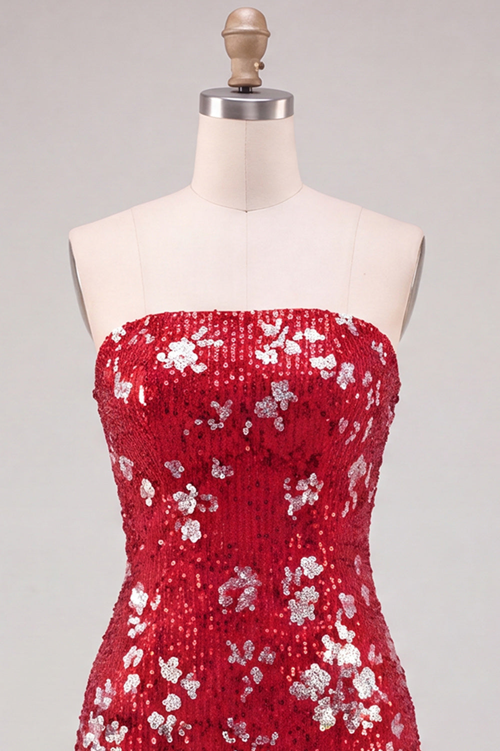 Red Tight Sequin Sparkly Strapless Short Homecoming Dress with Slit